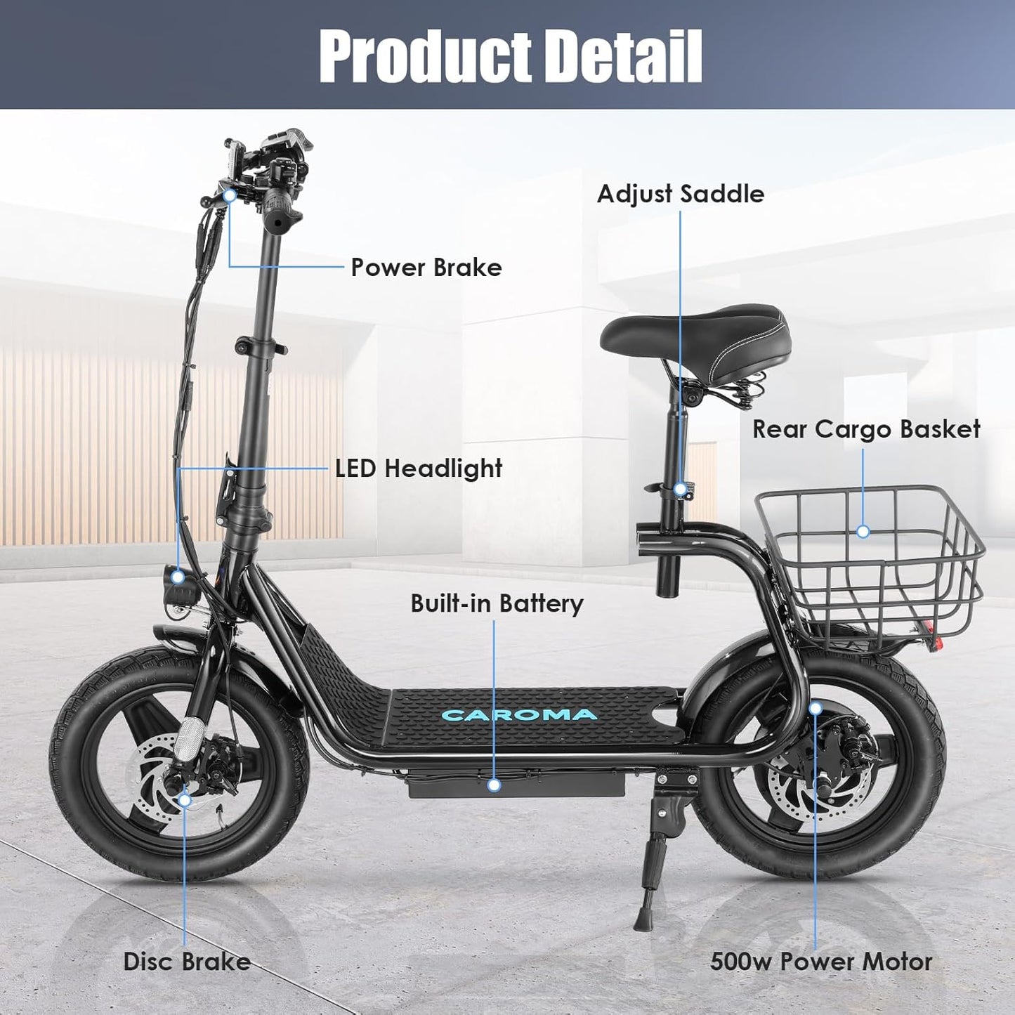 Electric Scooter with Seat, 14" Tire Foldable E-Scooter for Adults, 500/800/1200W Motor, Max 30Miles Ranges&20Mph, Dual Braking Dual Suspension, Stable Triangular Frame, 300Lbs Max Load