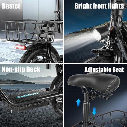 Electric Scooter with Seat, 14" Tire Foldable E-Scooter for Adults, 500/800/1200W Motor, Max 30Miles Ranges&20Mph, Dual Braking Dual Suspension, Stable Triangular Frame, 300Lbs Max Load